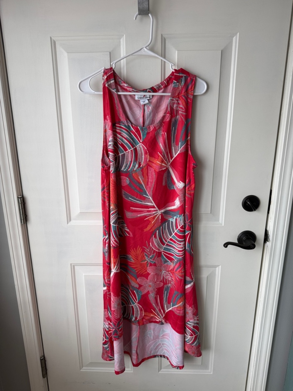Larry Lark Bright Coral Tropical High-Low Sleeveless Dress